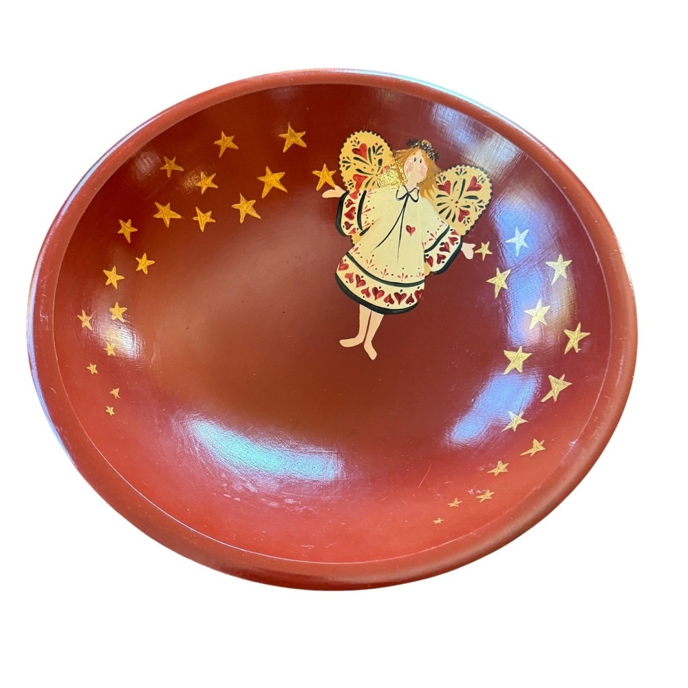 Weston Bowl‎ Mill Hand Painted Angel Stars Wooden Bowl 1994 Ann Elmo 11.5" USA